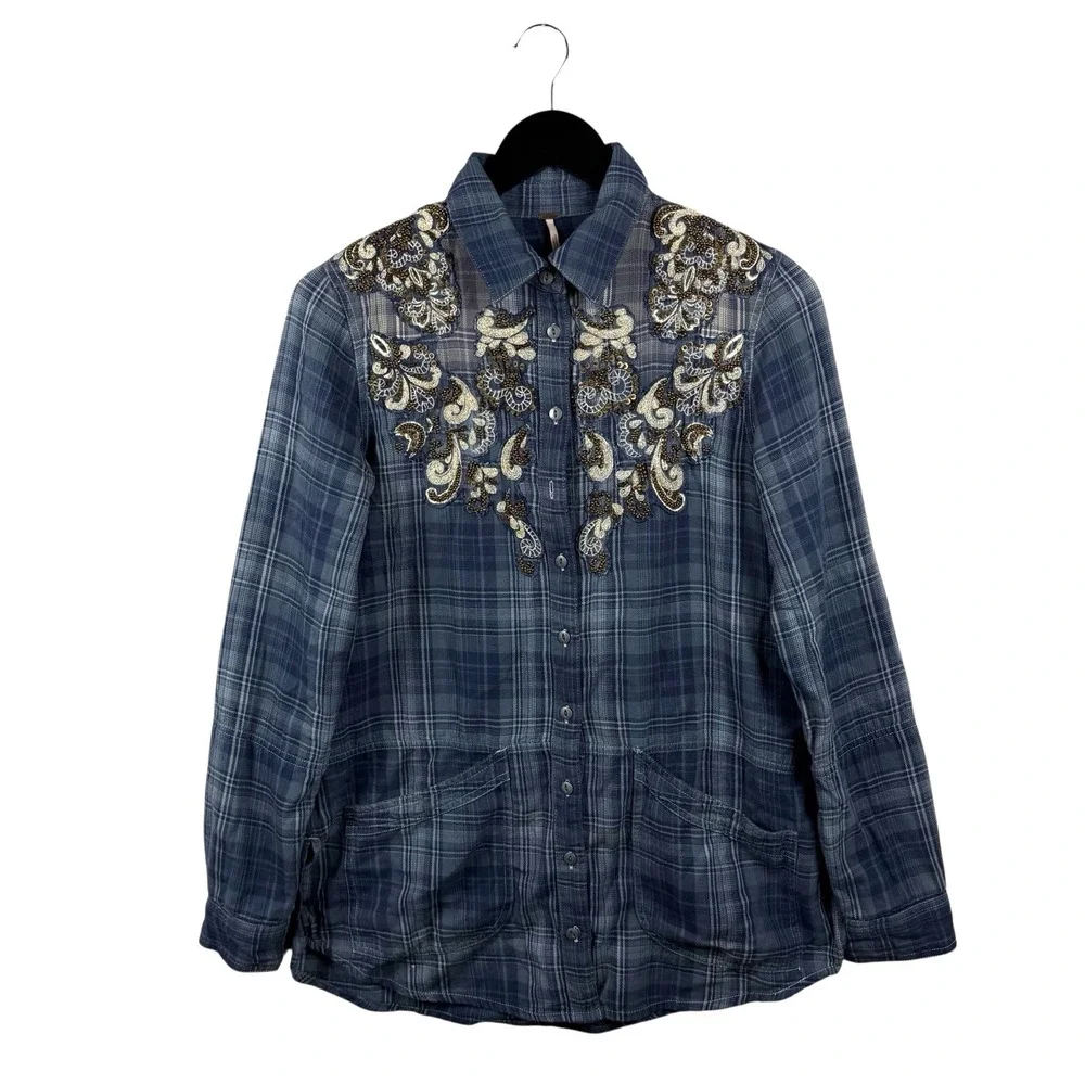 Free People Sz XS Stevie's Embellished Plaid Button-Down Shirt‎ Top Blue